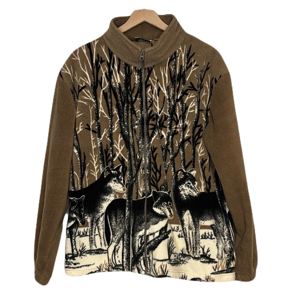 Vintage Angderson Arizona Full Zip Large Fleece Wolf Scene Jacket Neutral Brown